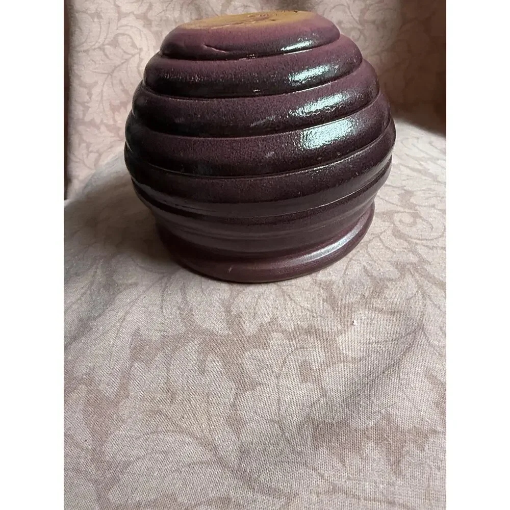 Vintage STEFANI Brazil Handmade Pottery Ribbed Maroon Jardiniere Planter Pot